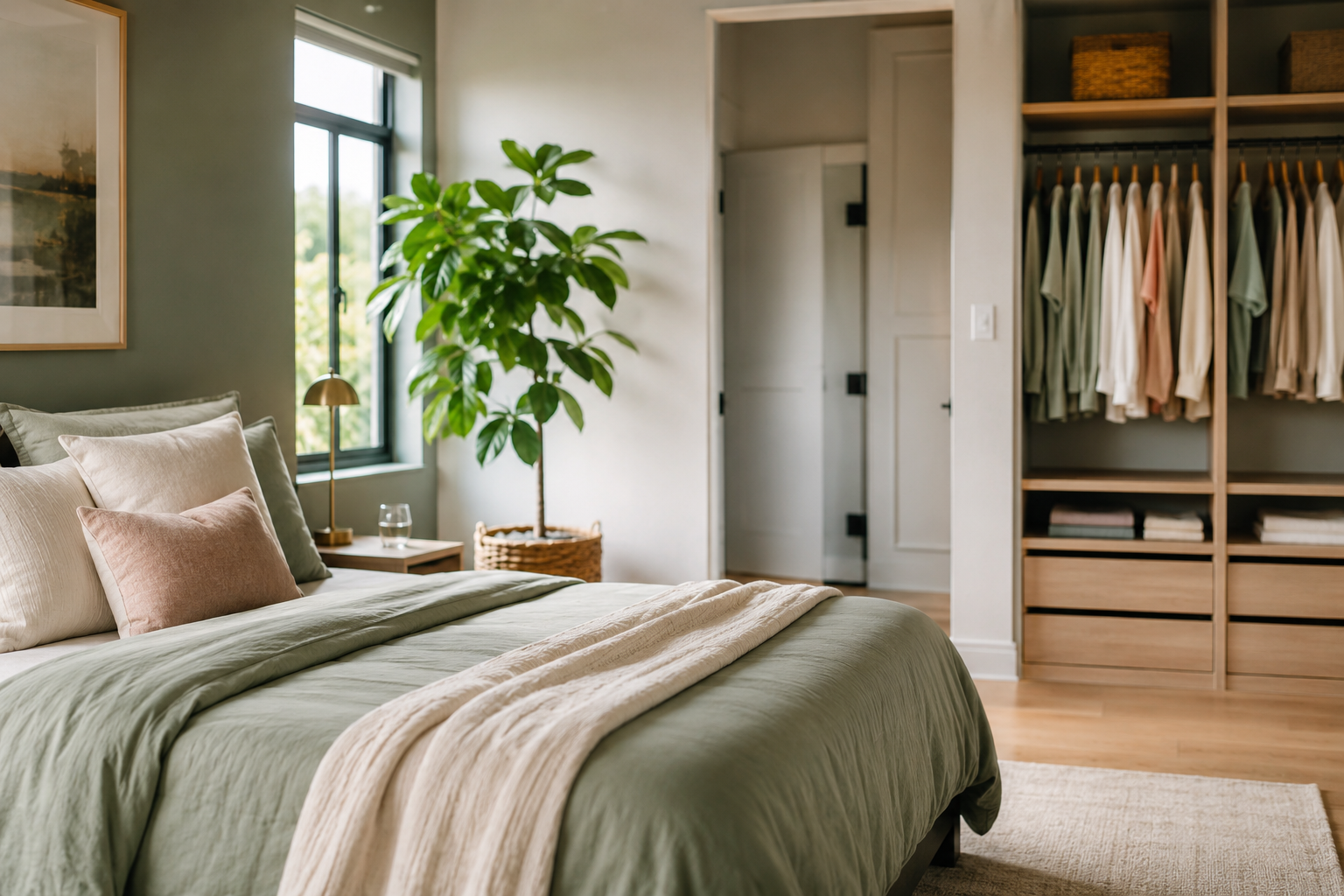A bright, calm and beautifully organised bedroom