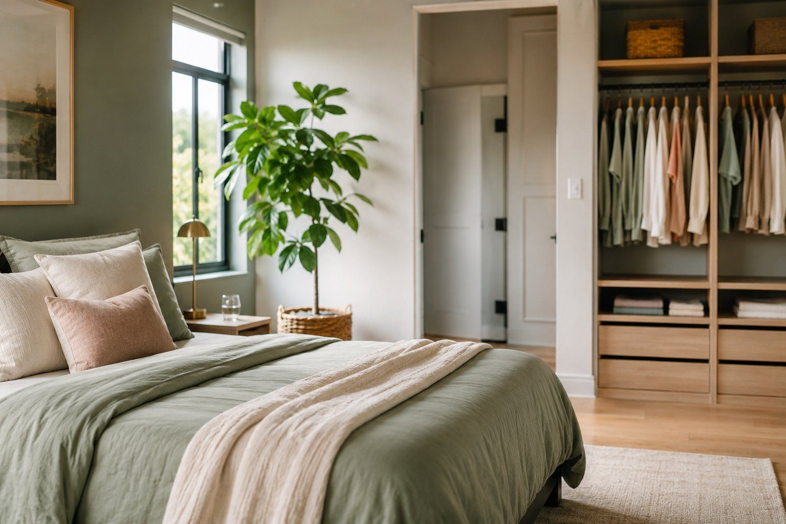A bright, calm and beautifully organised bedroom