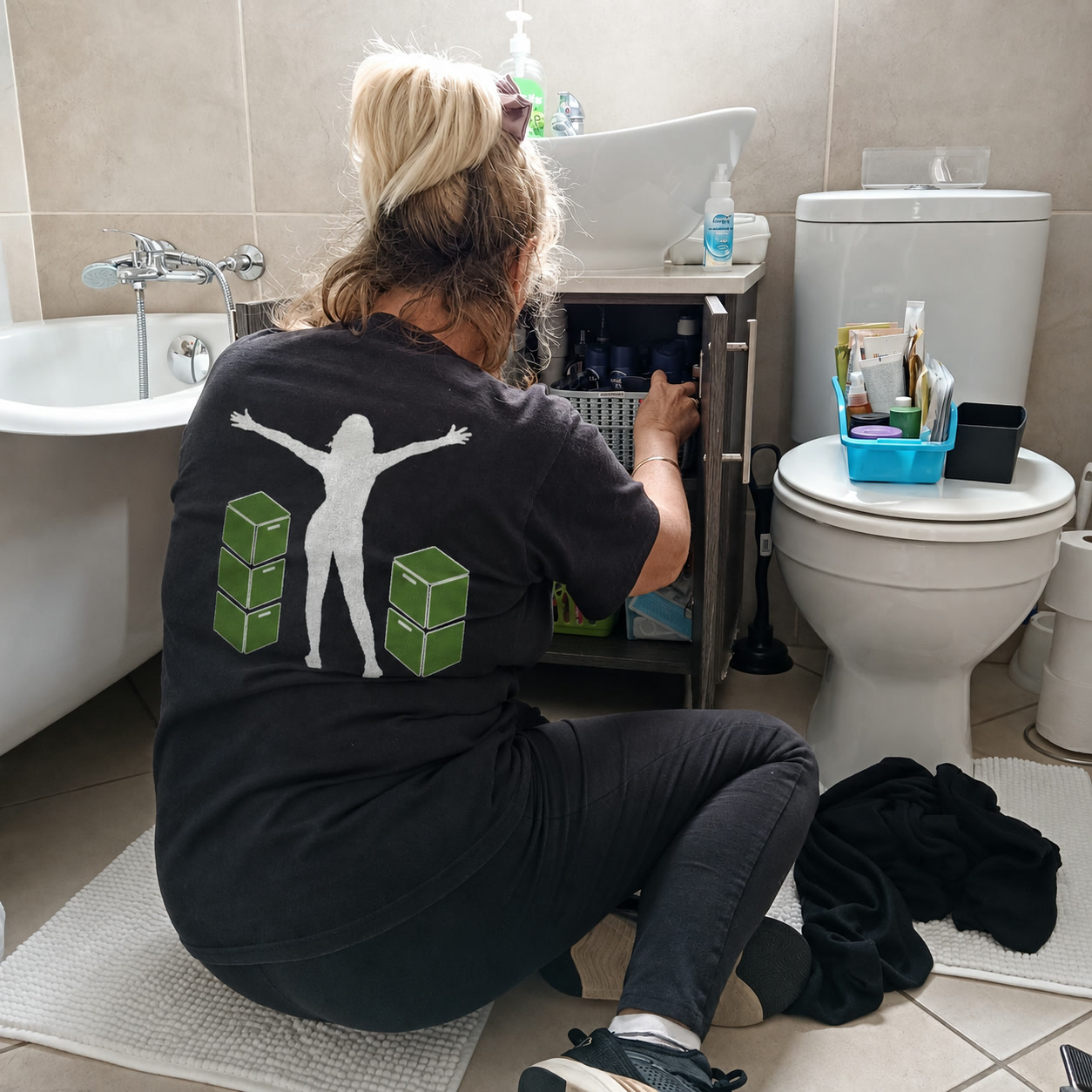 Robyn from Room to Breathe sorting and organising the cupboard under a client's bathroom basin